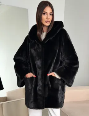 Норка шуба BLACKGLAMA паркет кимоно с капюшоном - фото 0