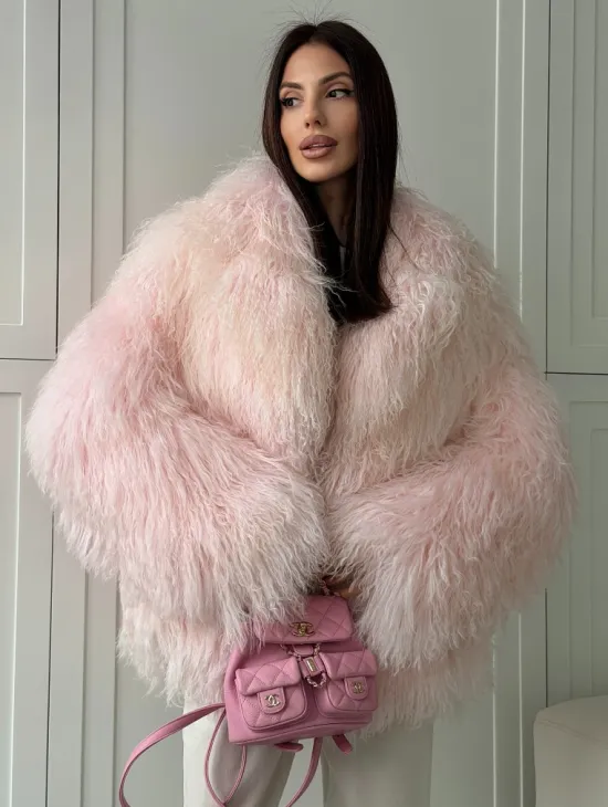 Шуба из меха ламы - цвет розовый - фото 0