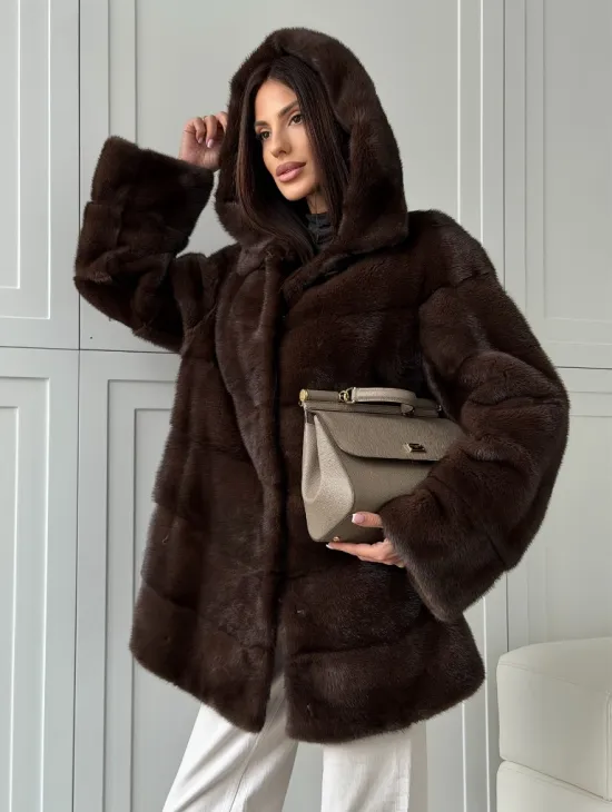 Норковая шуба в стиле «рубашка» с капюшоном - фото 8