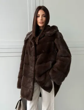 Норковая шуба в стиле «рубашка» с капюшоном - фото 11