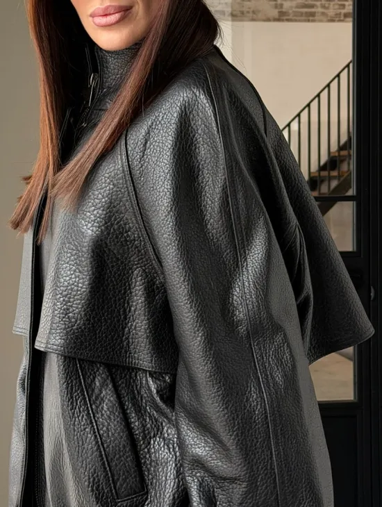 Черная весенняя куртка из кожи Joombo - фото 2