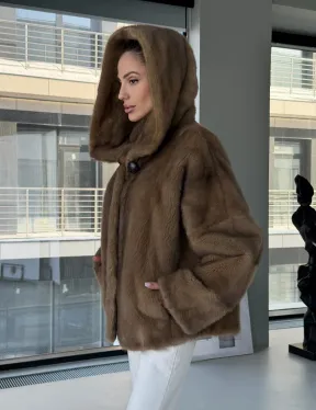 Женский норковый полушубок с капюшоном - фото 15