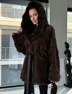 Норковая шуба кимоно с капюшоном куница - фото 7