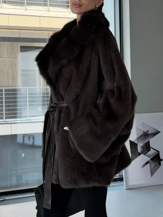 Норковое автоледи с воротником из куницы - фото 3