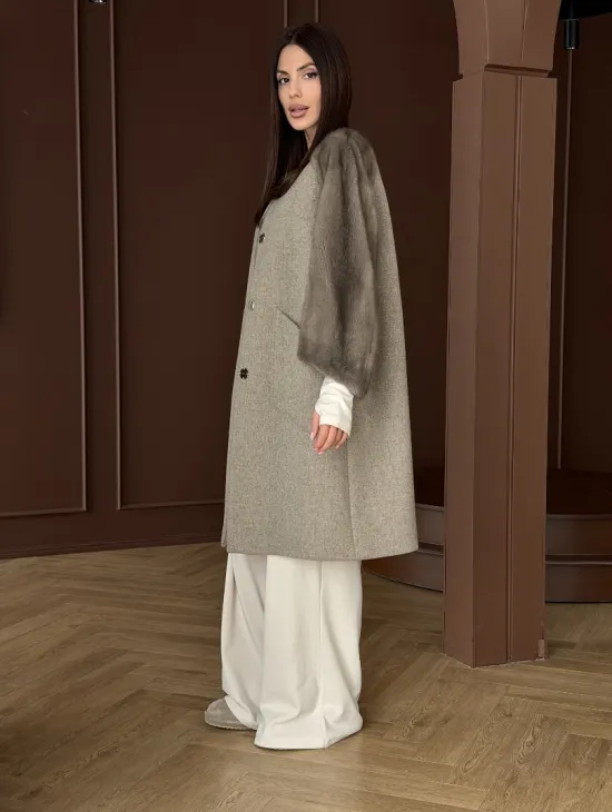 Женское пальто с меховыми рукавами из норки - фото 8