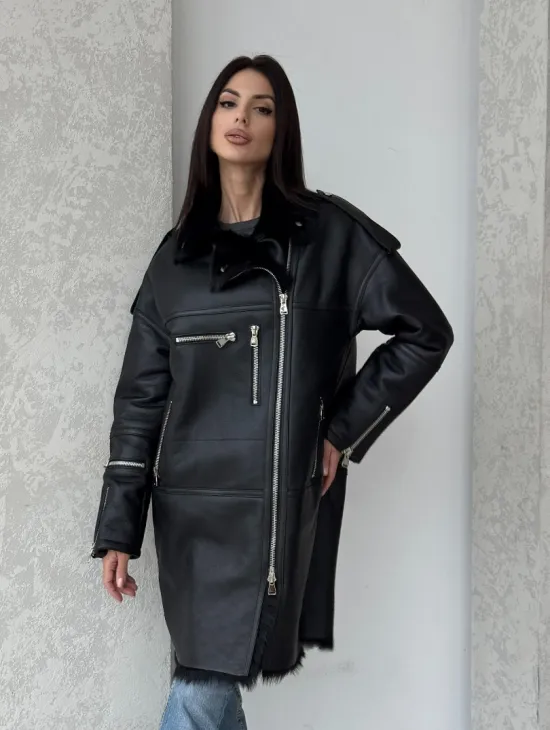 Удлиненная дубленка - авиатор из натуральной овчины с мехом тосканы - фото 8