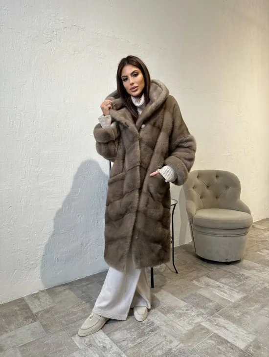 Норковая шуба с капюшоном в цвете пастель - фото 1