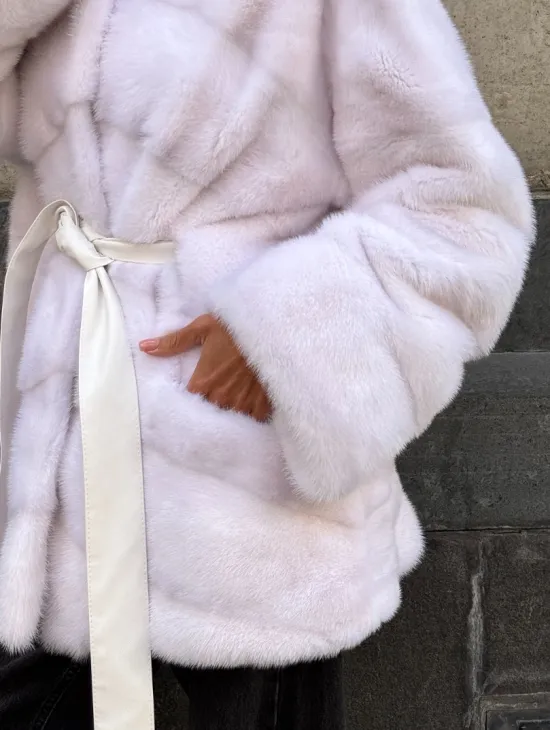 Короткая норковая шуба - цвет жемчуг - фото 2