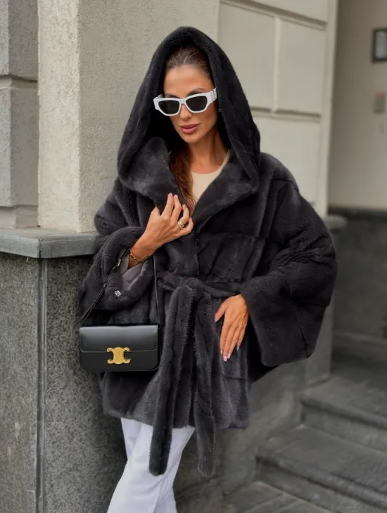 Норковая шуба с капюшоном цвет графит - фото 0