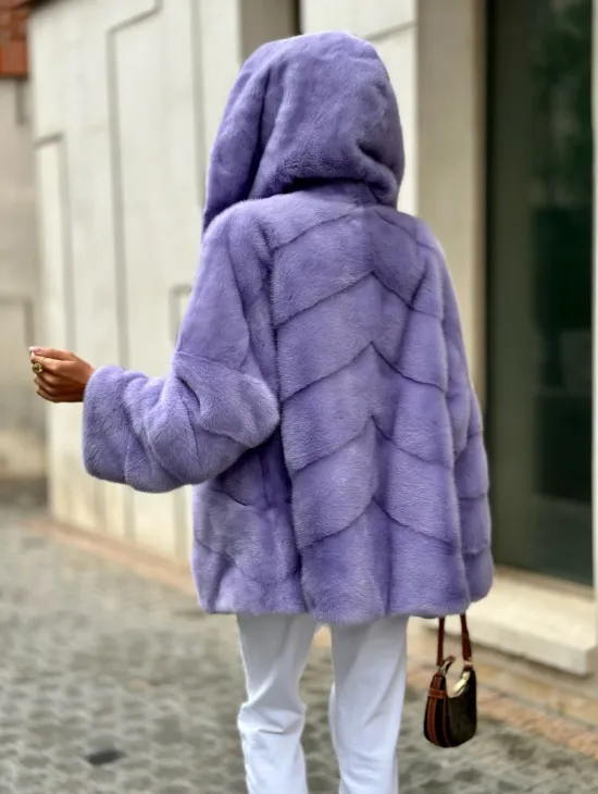 Короткая норковая шуба с капюшоном - цвет лиловый - фото 5