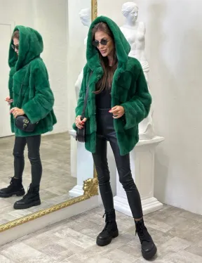 Норковый полушубок с капюшоном - цвет изумруд - фото 7