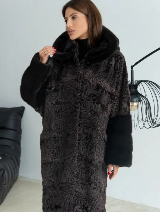 Уголь шуба из каракульчи и норки с капюшоном - фото 1