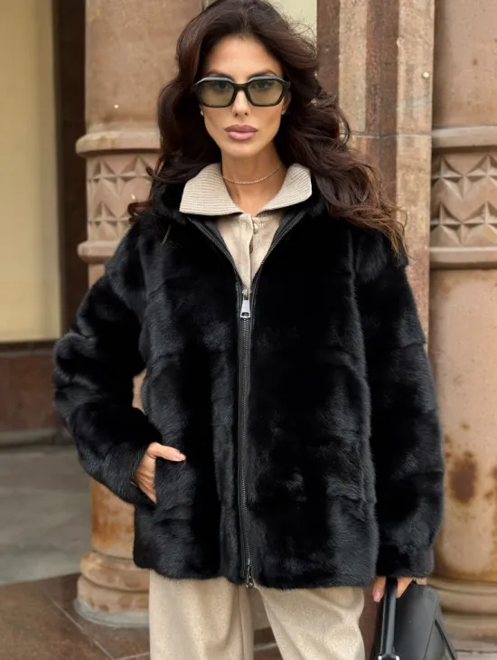 Черная норковая шуба с капюшоном - фото 3