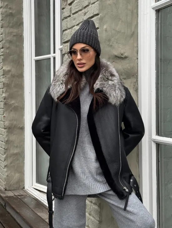 Дубленка из натуральной овчины с воротником чернобурой лисы - фото 5