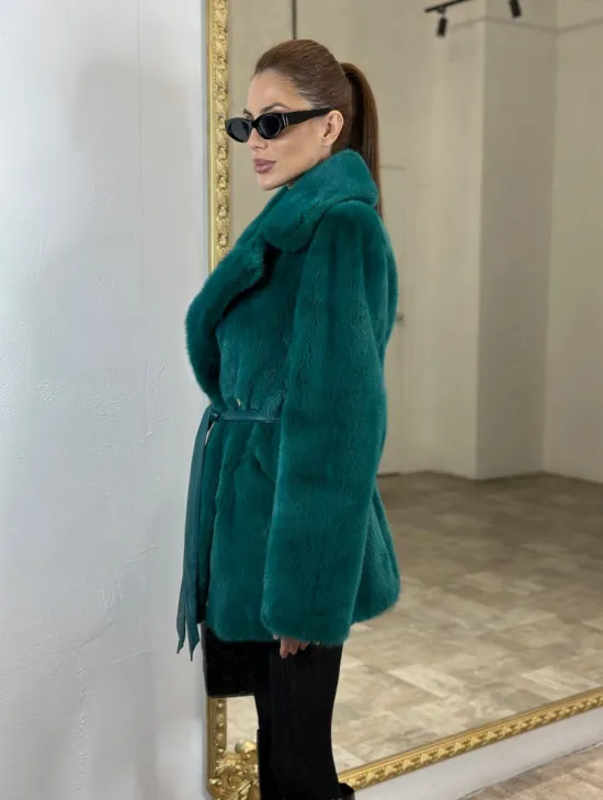 Жакет из меха норки английский воротник - морской изумруд - фото 3