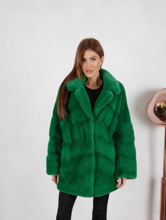 Норка кимоно паркет с английским воротником - светлый изумруд - фото 3