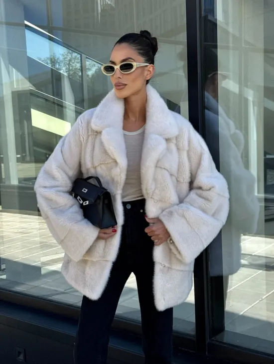 Короткая норковая шуба с английским воротником - цвет ваниль - фото 7