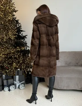 Норковая шуба с капюшоном в цвете орех - фото 4