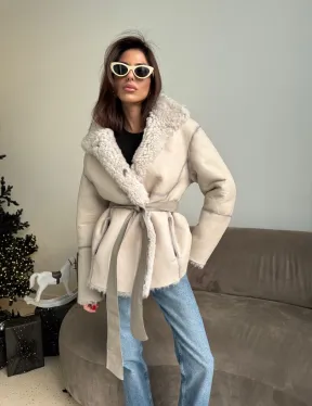 Двусторонняя дублёнка - шуба, мех тиградо английский воротник - фото 11